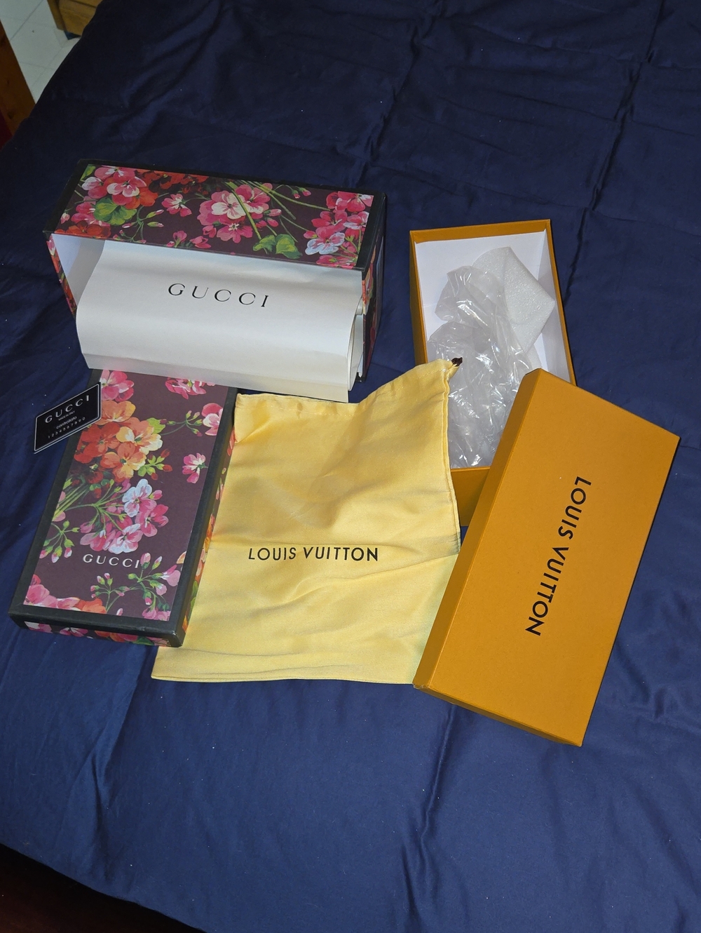 Luxury Designer Packaging Set - Gucci & Louis Vuitton Dust Bag and Shoe Boxes